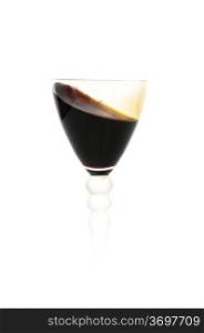 glass with red wine on a white background shifted