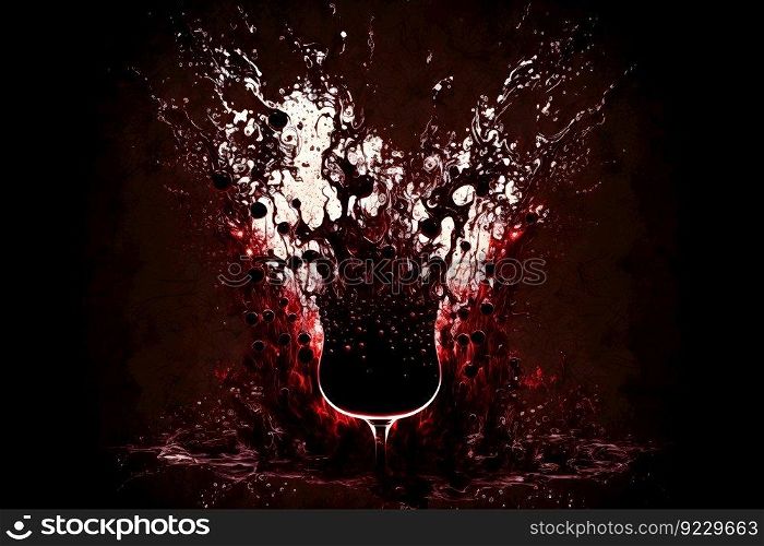 Glass with splash of red wine on black background. Neural network AI generated art. Glass with splash of red wine on black background. Neural network generated art