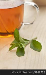 Glass with tea and fresh Stevia rebaudiana leaves as sweetener
