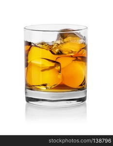 Glass with whiskey and ice cubes isolated on white background. Glass with whiskey and ice cubes