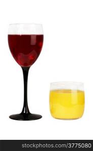 Glass with wine and a glass with juice on a white background