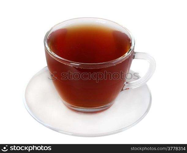 Glasses cup and saucer with black tea. Isolated on white background. Close-up. Studio photography.