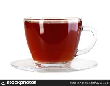 Glasses cup and saucer with black tea. Isolated on white background. Close-up. Studio photography.