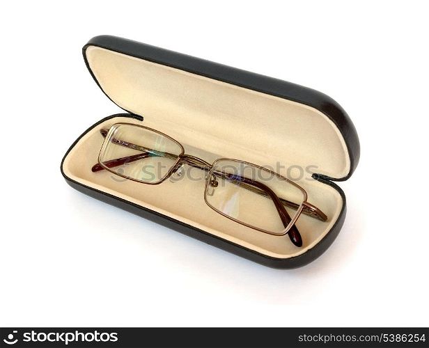 glasses in dark case isolated on white
