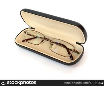 glasses in dark case isolated on white