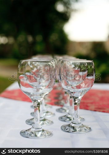 Glasses in rows on the table outdoor