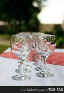 Glasses in rows on the table outdoor