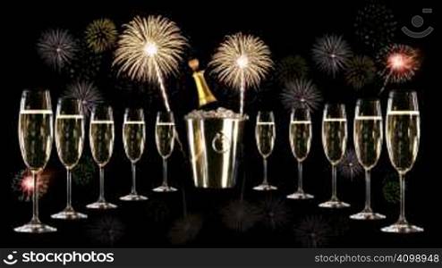 Glasses of champagne with silver ice bucket and fireworks