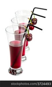 glasses of cherry juice isolated on white background