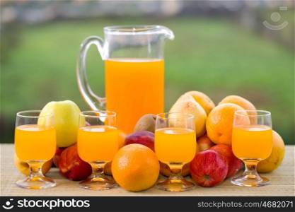 glasses of orange juice and lots of fruits on wooden table outdoor