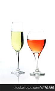 glasses of pink and white wine on white background