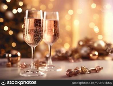 Glasses of pink rose ch&agne on new year’s eve celebration evening on party bokeh background.AI Generative