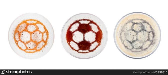 Glasses of red ale stout and lager beer top with football shape on white background top view