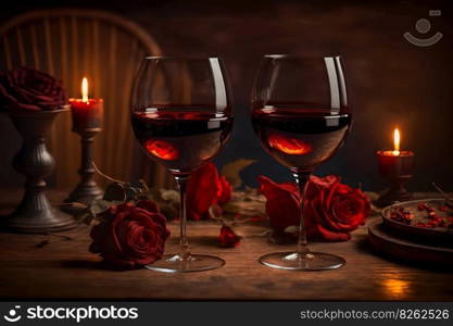 Glasses of red wine in a restaurant. romantic dinner. Neural network AI generated art. Glasses of red wine in a restaurant. romantic dinner. Neural network AI generated