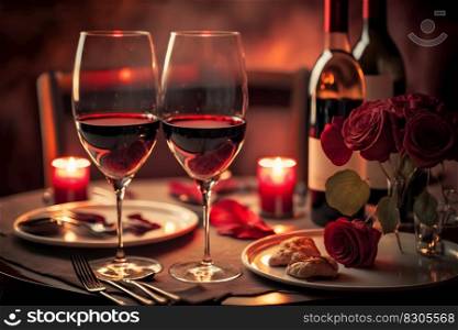 Glasses of red wine in a restaurant. romantic dinner. Neural network AI generated art. Glasses of red wine in a restaurant. romantic dinner. Neural network AI generated