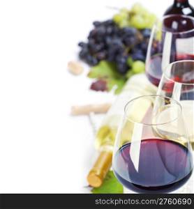 Glasses of white, red and rose wine and grapes over white