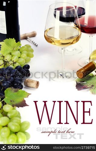 Glasses of white, red and rose wine and grapes over white (with sample text)