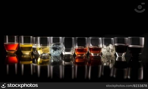 Glasses with different alcohol in a row, dark background. Header banner mockup with copy space. AI generated.. Glasses with different alcohol in a row, dark background. AI generated.