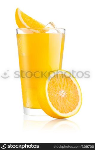 Glasses with orange soda drink and ice cubes and orange slice on white background