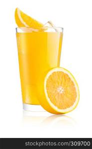 Glasses with orange soda drink and ice cubes and orange slice on white background