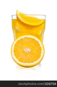 Glasses with orange soda drink and ice cubes and orange slice on white background