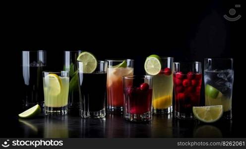 Glasses with various alcoholic cocktails in a row with fruits, dark background. Header banner mockup with copy space. AI generated.. Glasses with various alcoholic cocktails in a row with fruits, dark background. AI generated.
