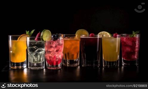 Glasses with various alcoholic cocktails in a row with fruits, dark background. Header banner mockup with copy space. AI generated.. Glasses with various alcoholic cocktails in a row with fruits, dark background. AI generated.