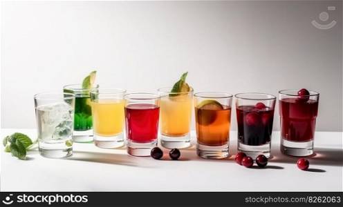 Glasses with various alcoholic cocktails in a row with fruits, white background. Header banner mockup with copy space. AI generated.. Glasses with various alcoholic cocktails in a row with fruits, white background. AI generated.