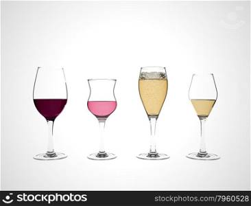 glasses with wine and champagne on white (3d Render)