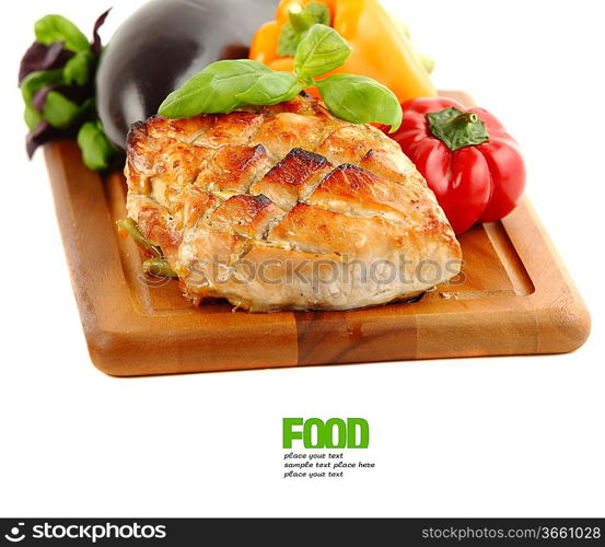 Glazed Roast Pork with vegetables isolated on white background.