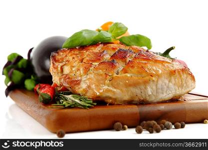 Glazed Roast Pork with vegetables isolated on white background.