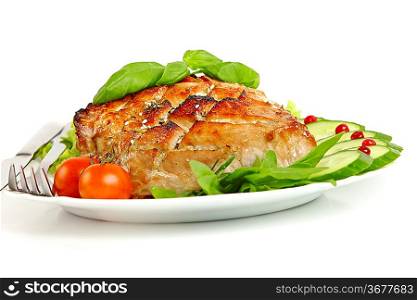 Glazed Roast Pork with vegetables isolated on white background.