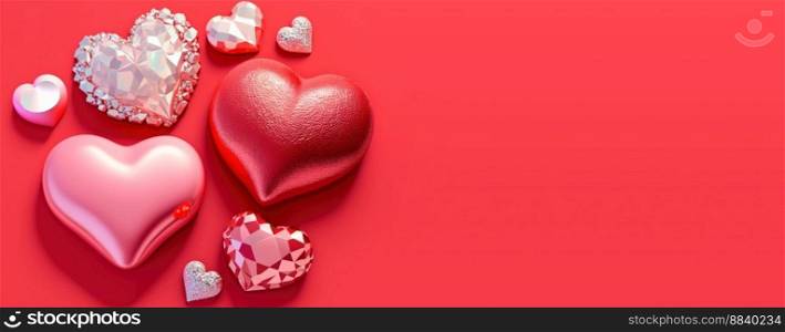Gleaming 3D Heart, Diamond, and Crystal Illustration for Valentine&rsquo;s Day Banner