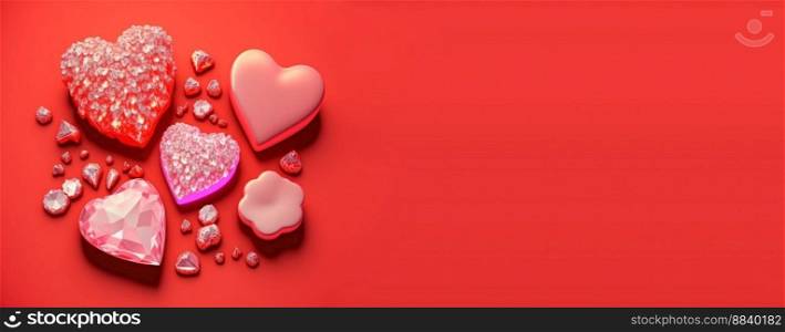 Gleaming 3D Heart, Diamond, and Crystal Illustration for Valentine&rsquo;s Day Banner and Background