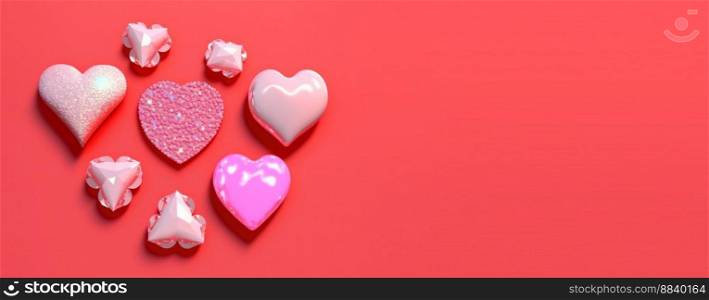 Gleaming 3D Heart, Diamond, and Crystal Illustration for Valentine’s Day Banner and Background