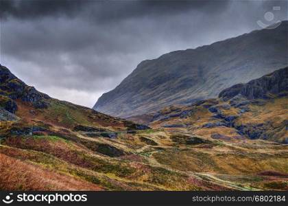 Glencoe, cloudy and rainy october midday. Scottish highland, Scotland.