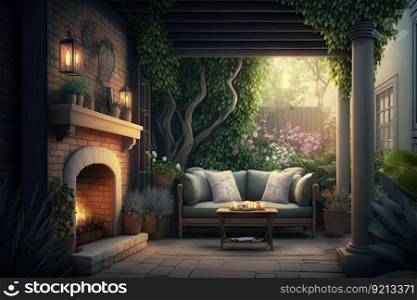 glimpse of cozy backyard with soft sofa and fireplace, created with generative ai. glimpse of cozy backyard with soft sofa and fireplace