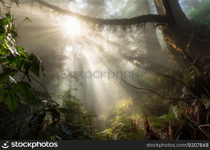 glimpse of forest oasis through a veil of mist, with the sun shining behind, created with generative ai. glimpse of forest oasis through a veil of mist, with the sun shining behind