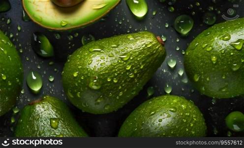 Glistening Drops on Fresh Avocado Background. Generative AI