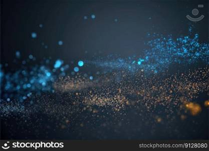 Glistening particles with dusky reflective with blue and golden particle design background. Abstract of full frame creativity design luxury art. Finest generative AI.. Glistening particles with dusky reflective with blue and golden particle design.