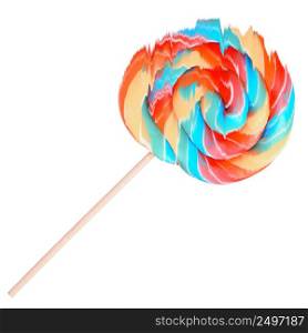 Glitch effect on rainbow lollipop swirl on wooden stick isolated on white background