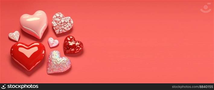 Glittering 3D Heart, Diamond, and Crystal Illustration for Valentine&rsquo;s Day Design Background and Banner