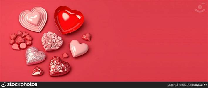 Glittering 3D Heart, Diamond, and Crystal Illustration for Valentine&rsquo;s Day Design Background and Banner