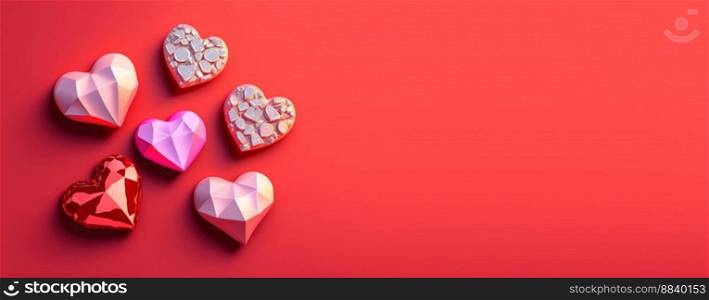 Glittering 3D Heart, Diamond, and Crystal Illustration for Valentine’s Day Design Background and Banner
