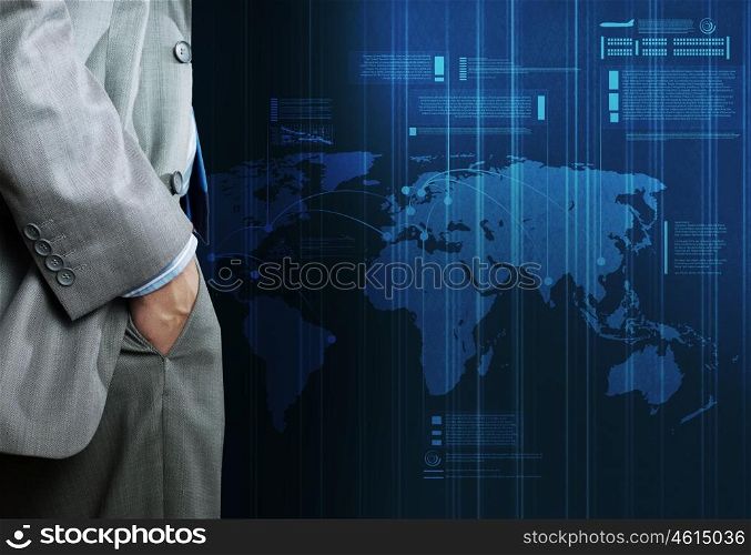 Global business. Bottom view of businessman and digital background