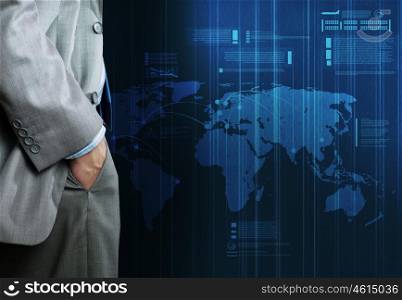 Global business. Bottom view of businessman and digital background