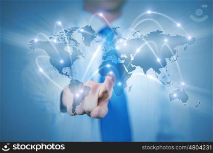 Global business. Close up of businessman touching icon of media screen