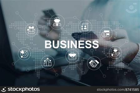 Global business closeup concept image with white glyph icons. Three quarter perspective photo of businessman with cellphone on background. Picture for web banner, infographics, blog, news and article. Global business closeup concept image with white glyph icons