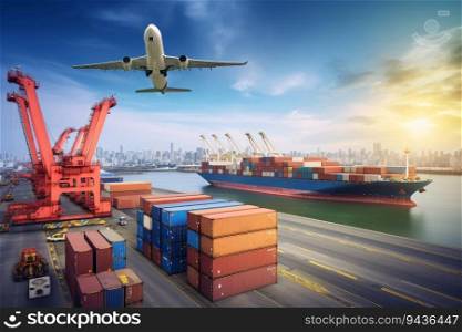 Global business logistic and transportation import export goods. Container cargo freight ship at international port. Cargo plane flying above truck shipping container. Logistic industry. Generative AI
