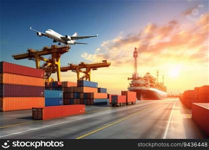 Global business logistic and transportation import export goods. Container cargo freight ship at international port. Cargo plane flying above truck shipping container. Logistic industry. Generative AI